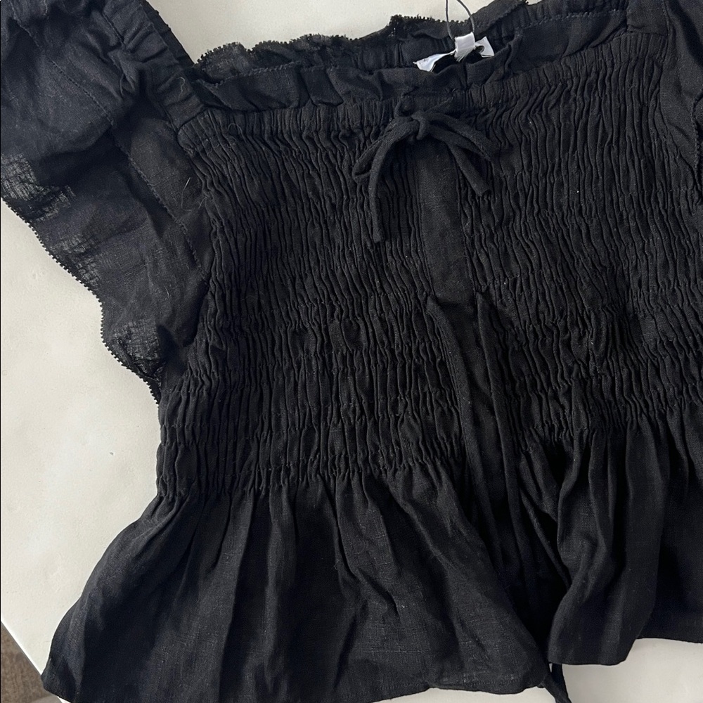 NWT SUNCOO PARIS Black Smocked Peplum Linen Blend Babydoll Flutter Sleeve Top T3 - Picture 3 of 9